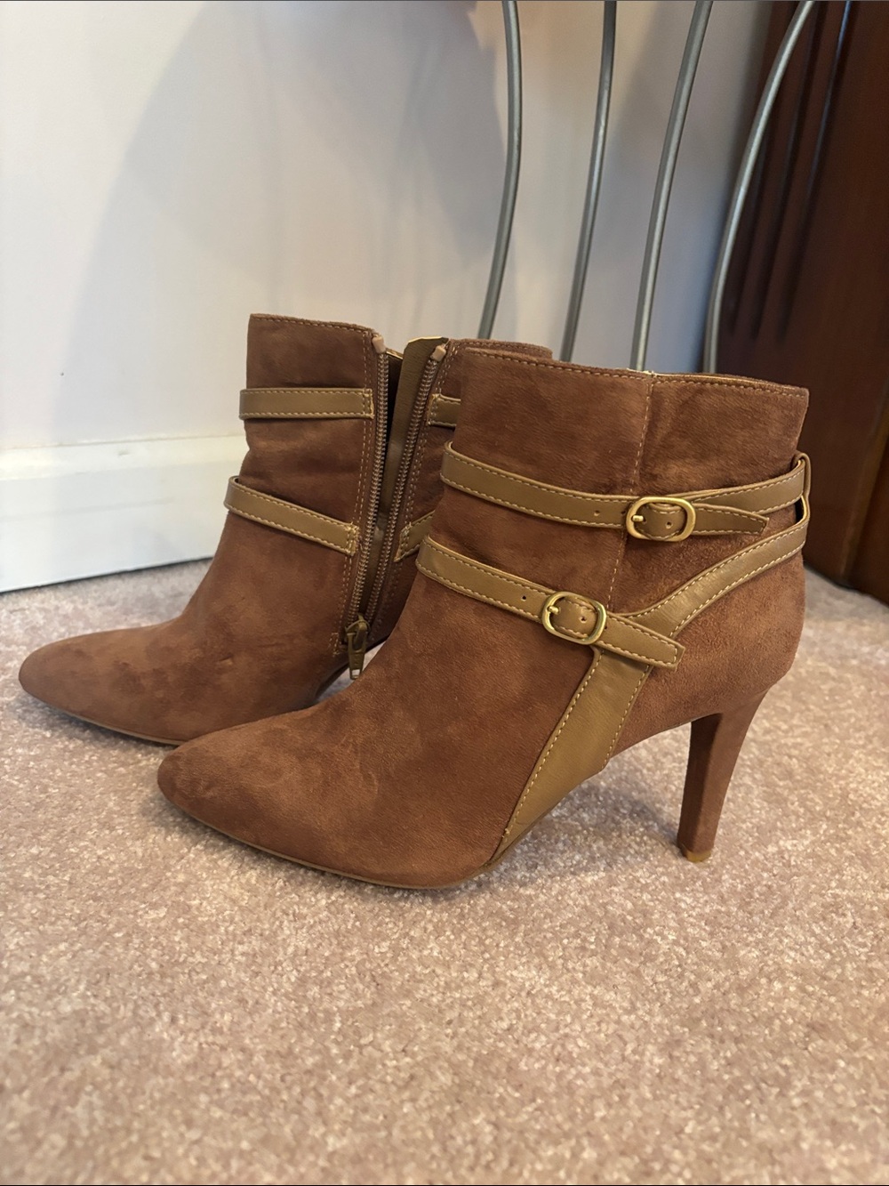 Rialto Tan Suede Ankle Heeled Boots with Buckle Straps
